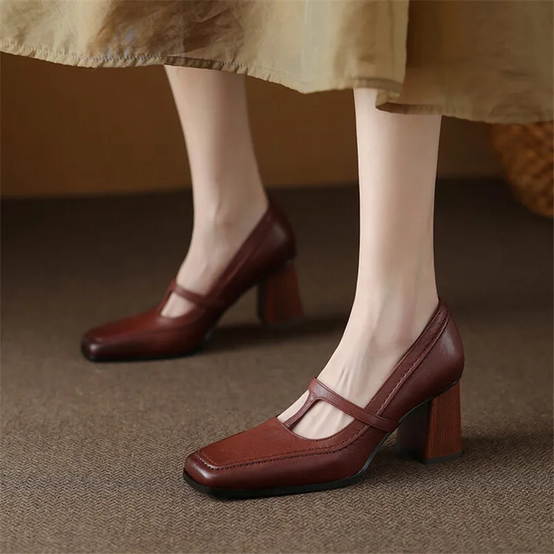 New 2023 Spring/summer Mary Jane Shoes Square Toe High Heels Casual Women Shoes Chunky Heel Shoes Woman Zapatos Mujer Handmade