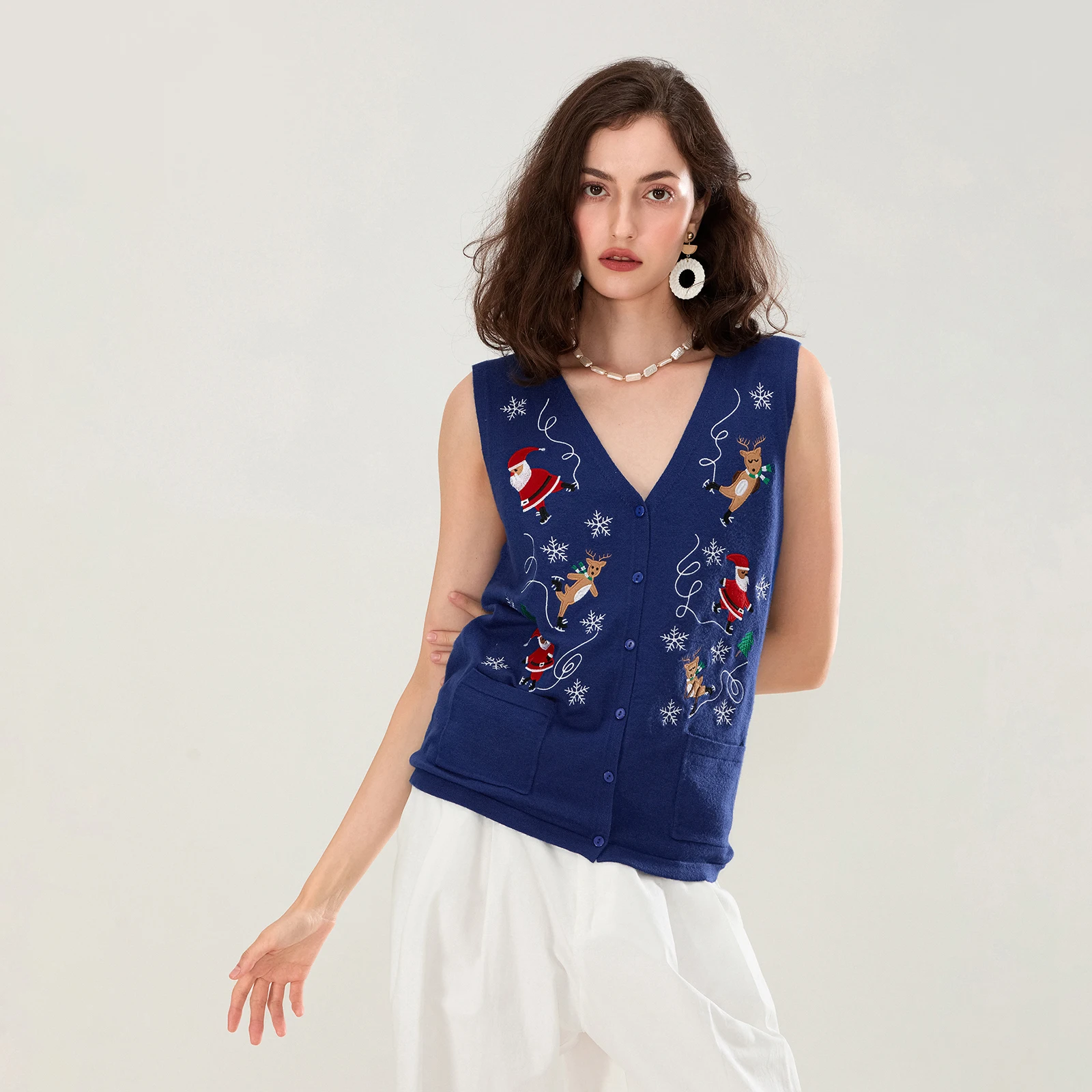 Combhasaki Women's Y2K Christmas Cartoon Embroidery Sleeveless Sweater Vest Button-down V Neck Knitwear Tank Tops with Pockets