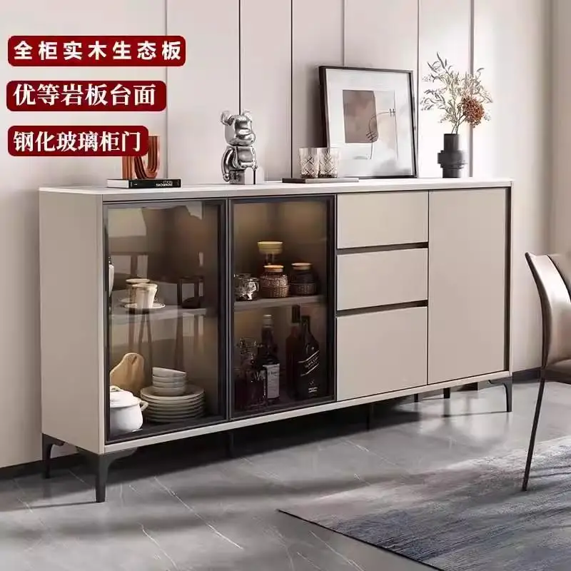 Esszimmer-Seitenschrank aus massivem Holz mit Felsplatte, integriert an der Wand, Glastür, Haushalt, Wohnzimmer, Küchenschrank, Spind