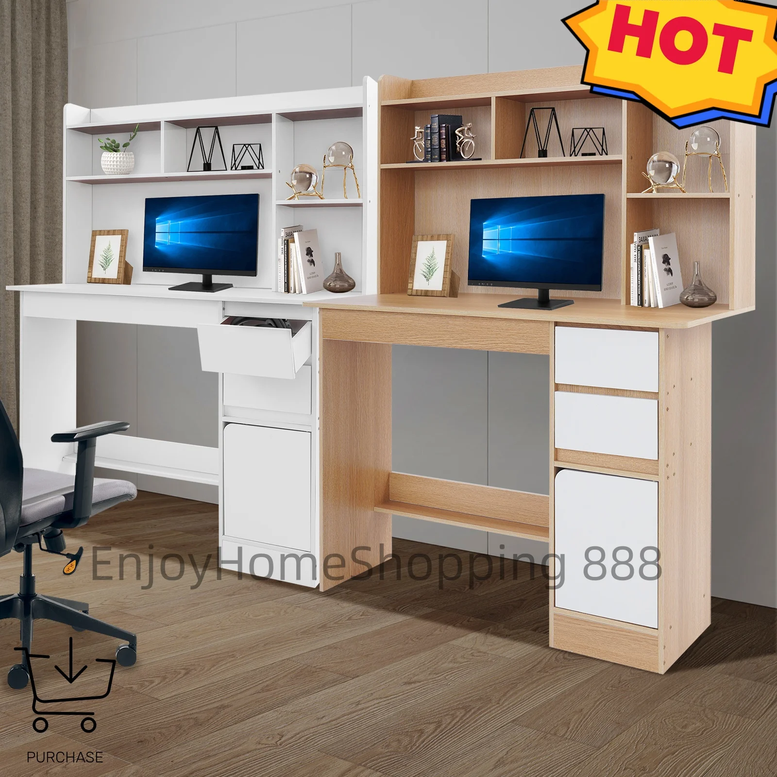 100cm Warm White/Oak Study Desk with Bookshelf & Storage Modern Design, Drawers & Cabinet, Easy Assembly for Home Office