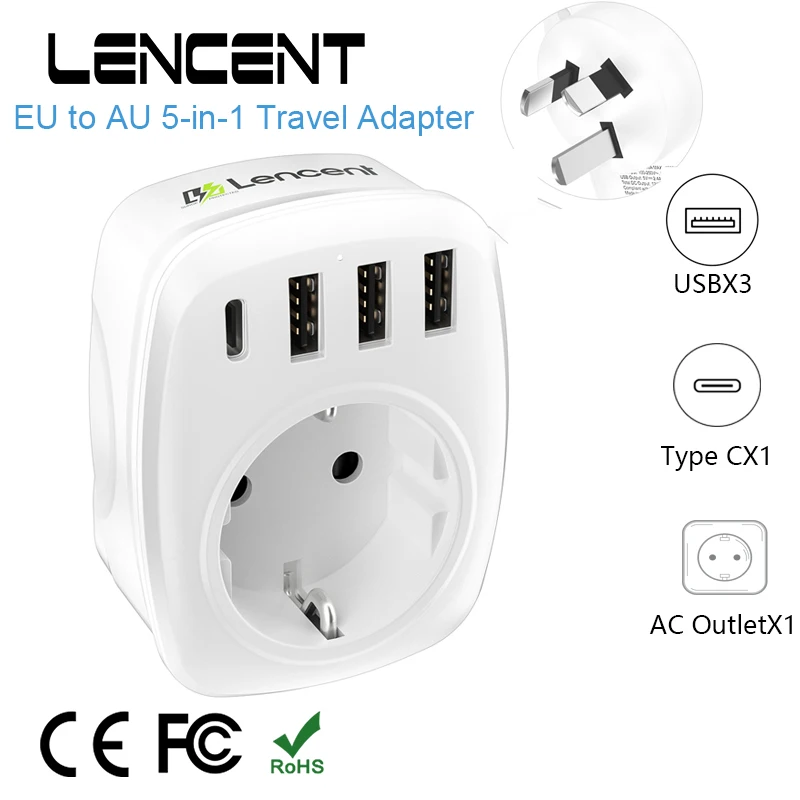 LENCENT EU to AU Austral Travel Adapter with 1 AC Outlet 3 USB and 1 Type C Port  Adapter Overload Protection Charger for Travel