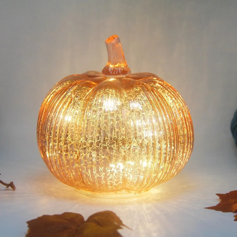 

Rustic Decorative Battery Operated LED Pumpkin Lights with Timer for Halloween and Thanksgiving Fall Season Rosegold FineStripe