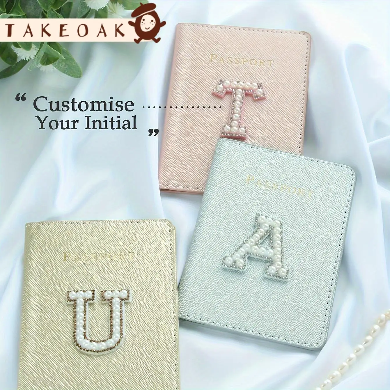 Custom Pearl Letter Passport Cover PU Leather Monogram Initial Passport Holder Women Cute Travel Document Case Wedding Bridesmai