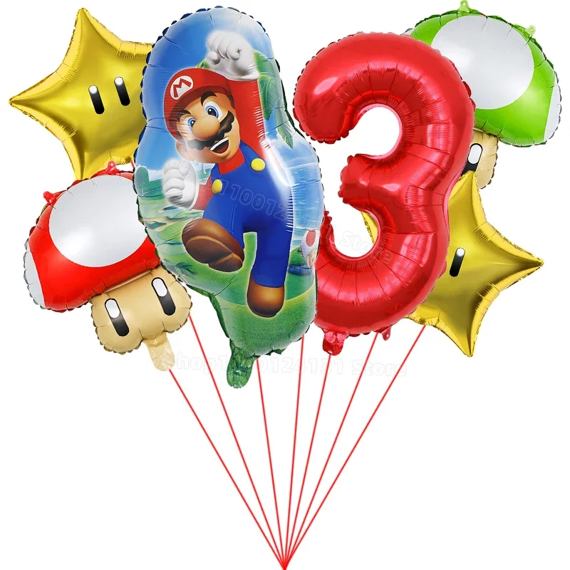 7pcs Super Mario Bros Number Balloons Set Birthday Balloon Suit Party Decoration Game Stars Mushroom Ballon Ornament Accessories