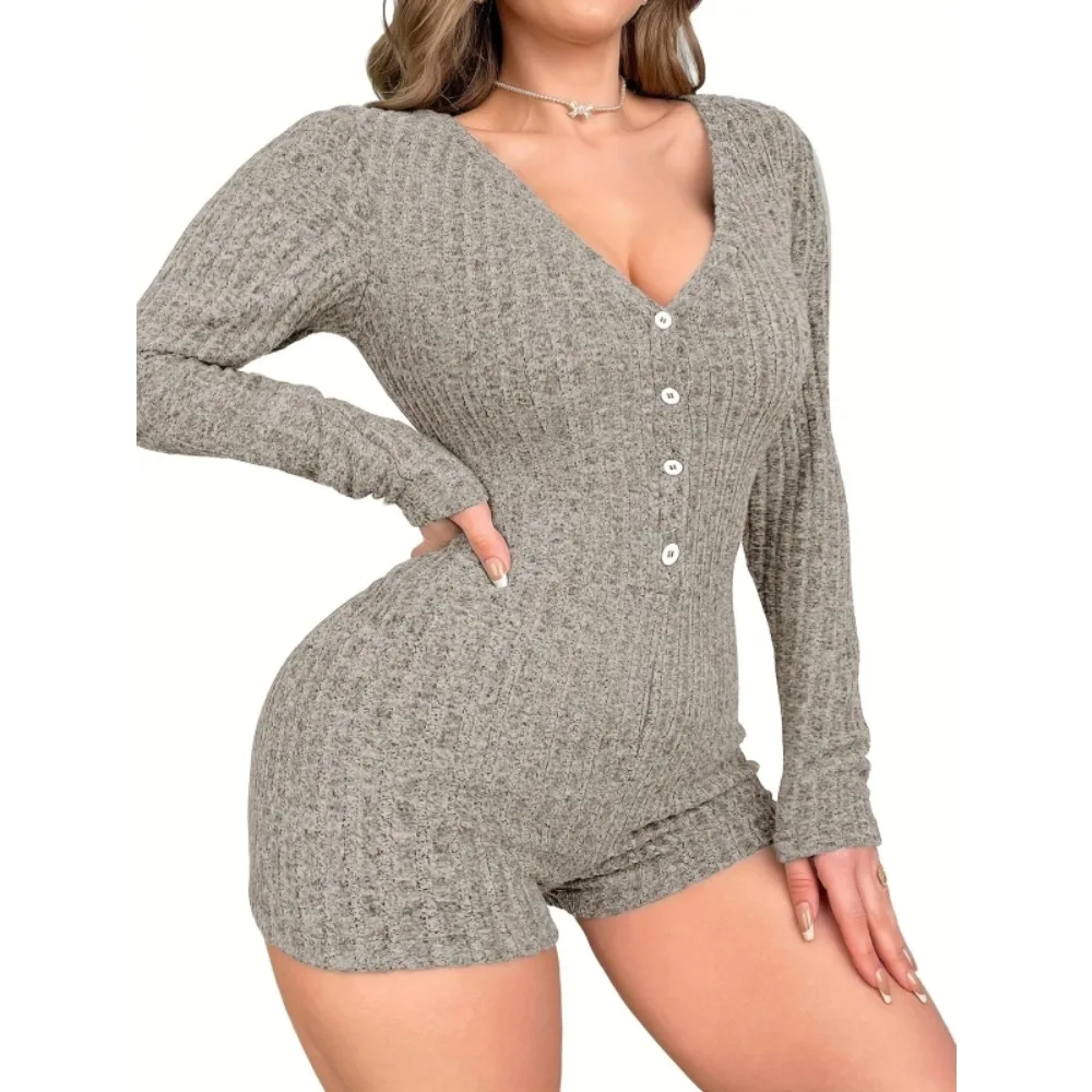 Plus Größe 1XL-5XL frauen Neue Casual Langarm Pyjamas Damen Sexy Einfarbig Sexy Overall Loungewear