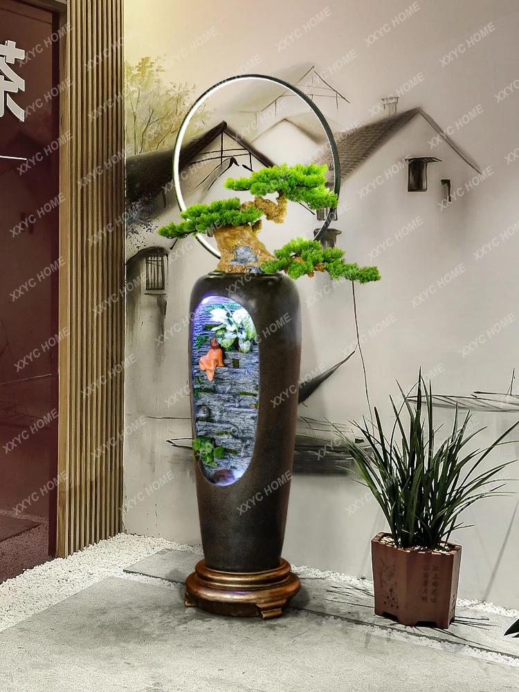 New Chinese Style Artificial Greeting Pine Floor Flowing Water Ornaments Arborvitae Living Room Study Hallway Fengshui Wheel