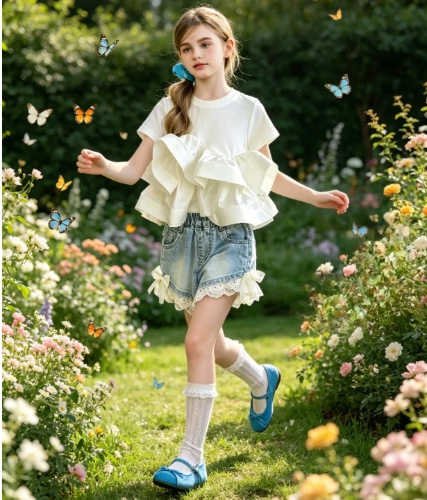 Girls' Suit Summer Children's Three-dimensional Lace Short-sleeved Top Lace Denim Shorts Two-piece Set Children's Clothing