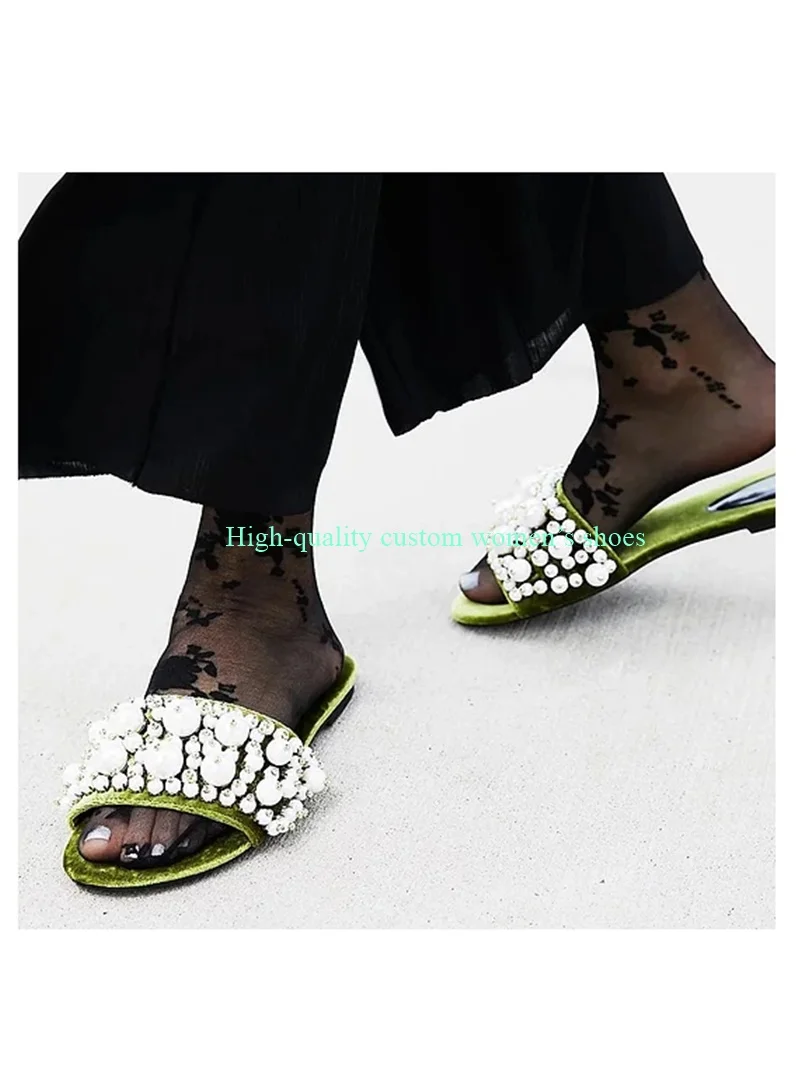 

Round Head Pearl And Rhinestones Decorative Summer Flat Sandals Green Shallow Luxury Sandals Manual Women's Shoes For Banquets