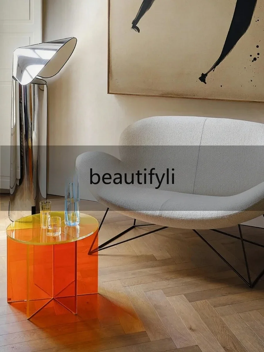 

SS Glass coffee table living room household balcony low round table furniture sofa corner table