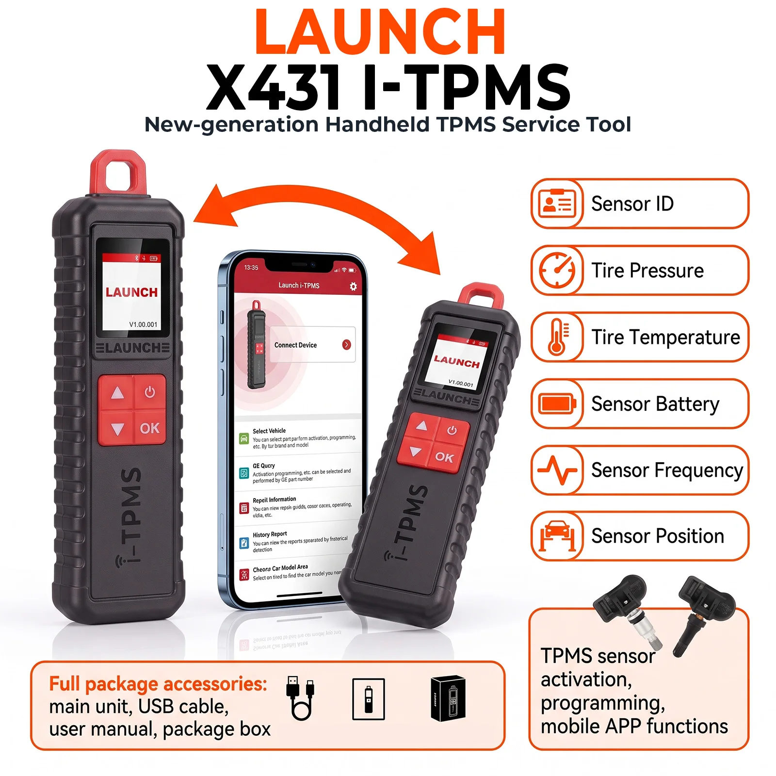 LAUNCH i-TPMS Handheld Service Tool, Bluetooth TPMS Relearn & Programming Tool, Works with X431 Scanners  i-TPMS APP, Supports All 315/433MHz Sensors