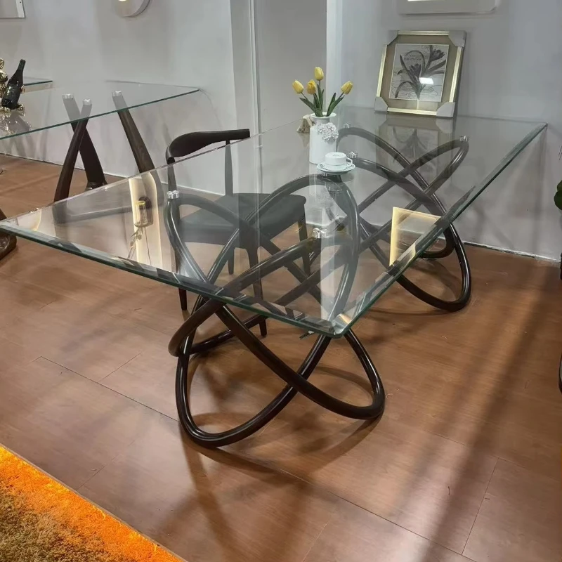 Modern modern rectangular dining table with elegant solid wood legs with durable glass top, suitable for home office hotel