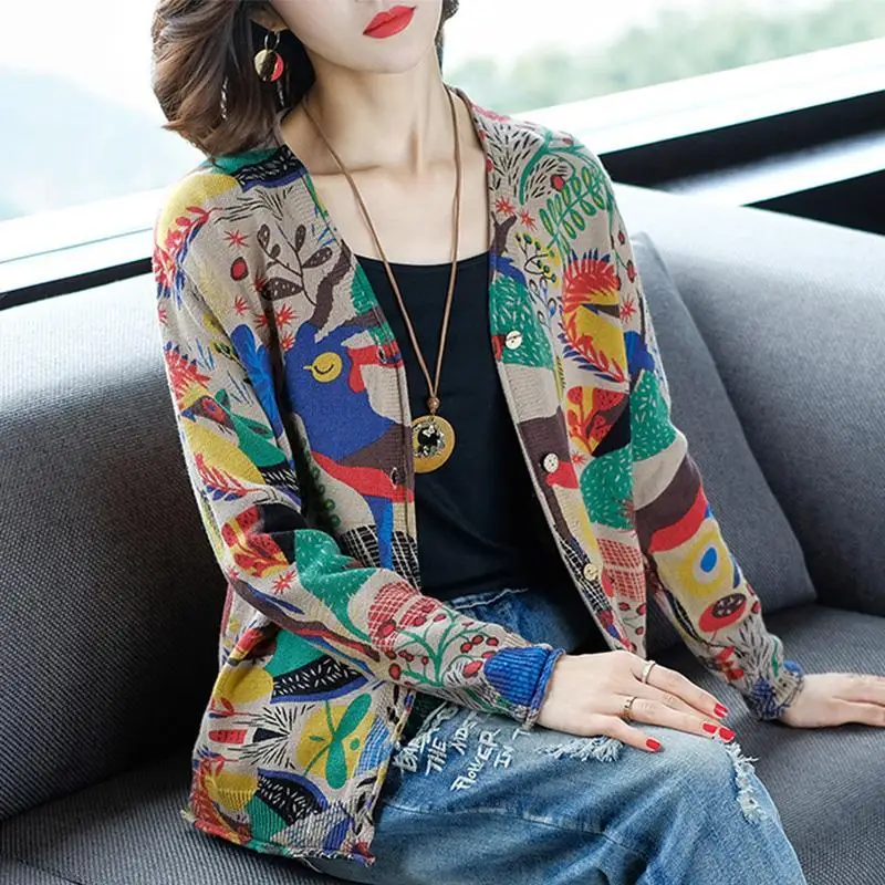 Vintage Printed V-Neck Button Knitted Spliced All-match Shirt Women\'s Clothing 2022 Autumn New Casual Tops Loose Commute Blouse