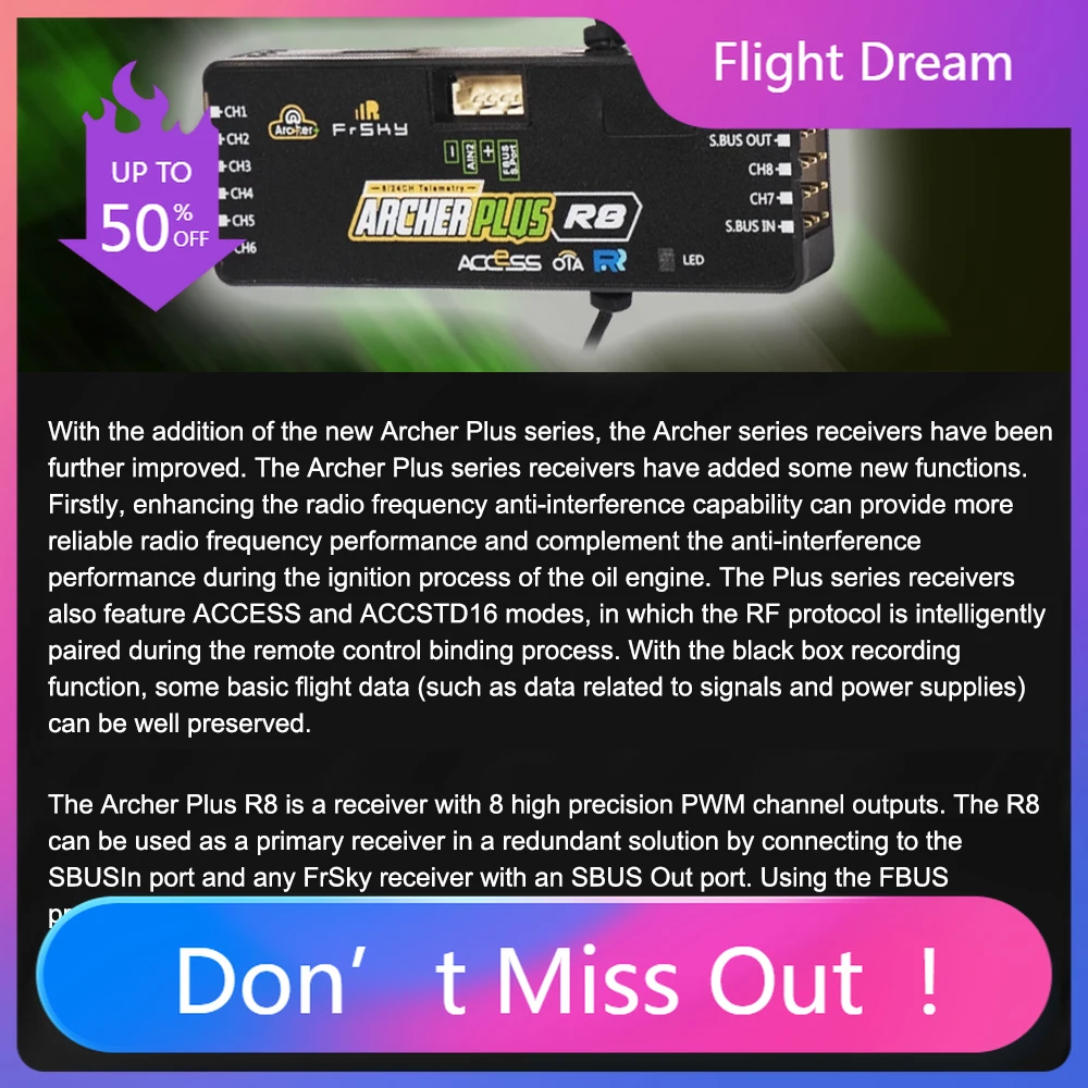 

NYFrSky ARCHER PLUS R8 Receiver 6 high-precision PWM channel receivers ACCESS and ACCST D16 modes SBUS Out port
