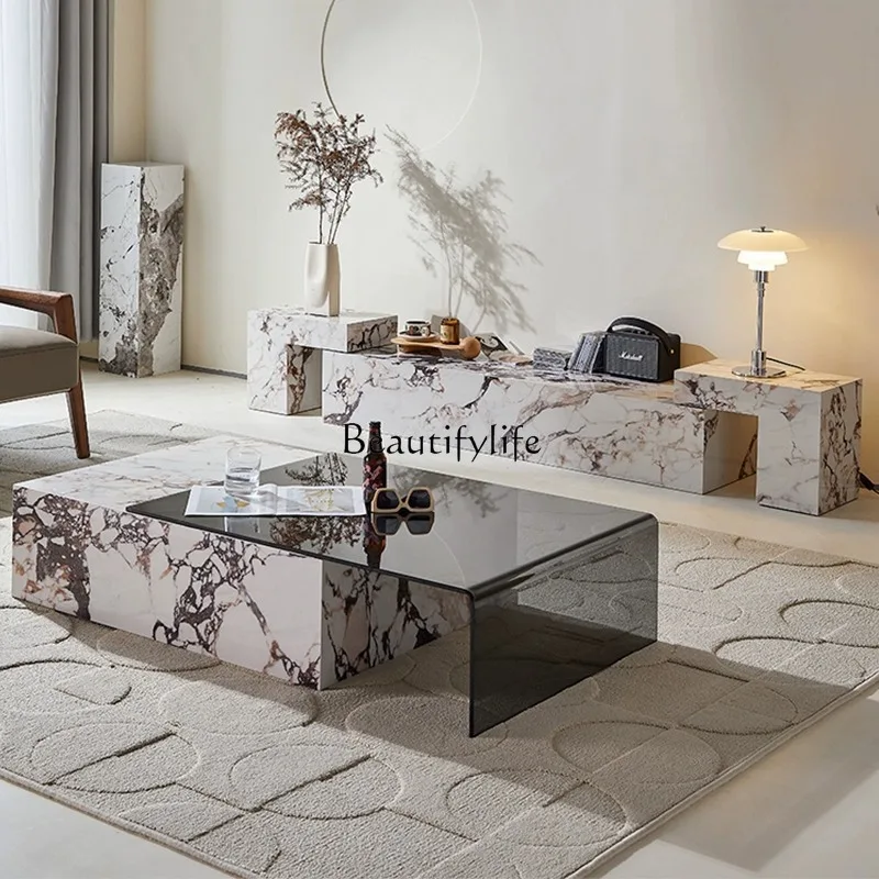 *Mesa de centro de mármore Mesa de centro redonda simples e moderna em aço inoxidável banhado a ouro