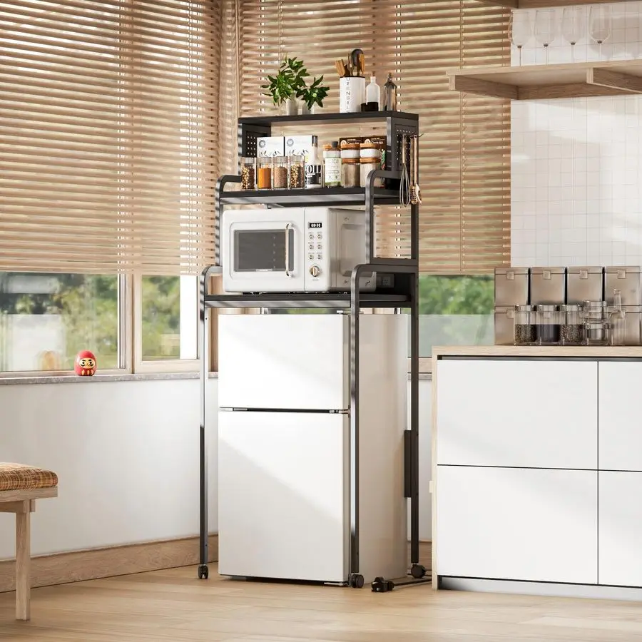 Mini Fridge Pegboard Stand with Storage,Mini Fridge Cabinet with Power Outlet,Bakers Rack with Storage Shelf,Microwave Oven Stan