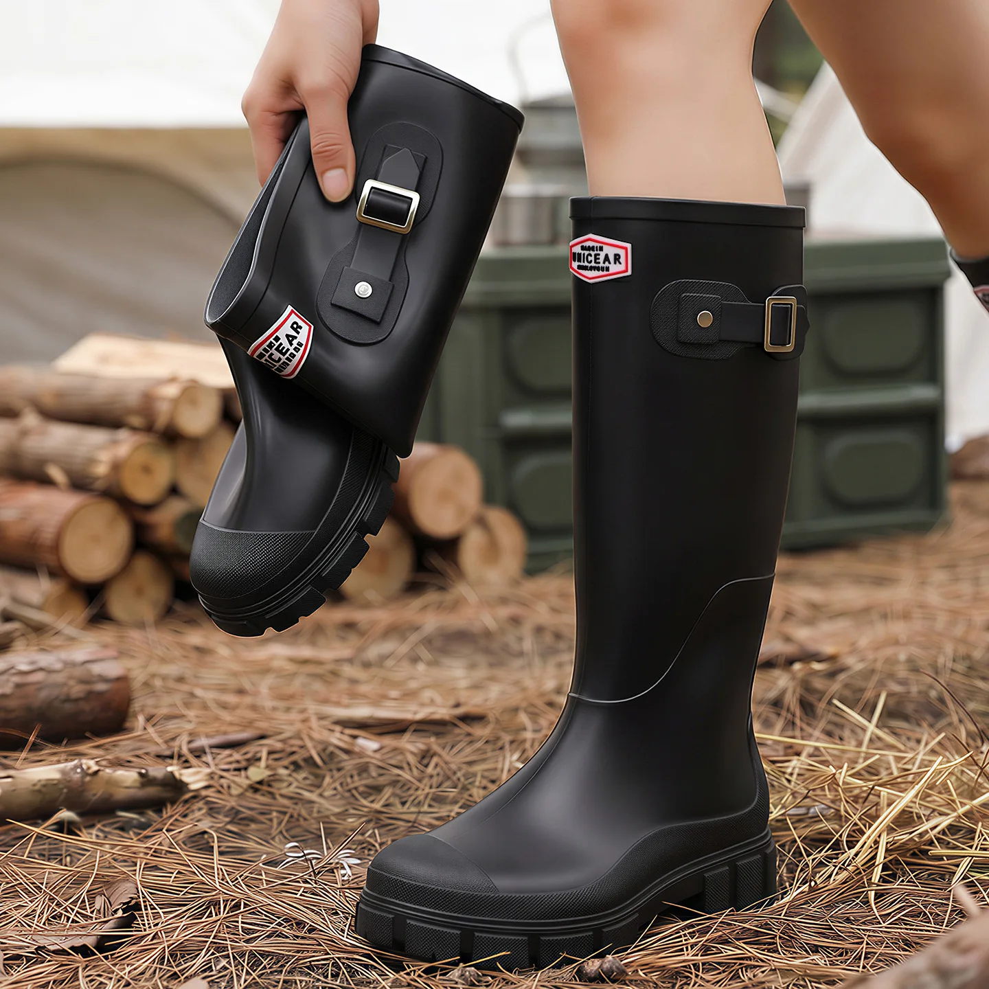 Womens Mid Calf Rain Boots Waterproof Non Slip Fashion Outdoor Camping and Hiking Boots Adult Fashion Work Rubber Shoes