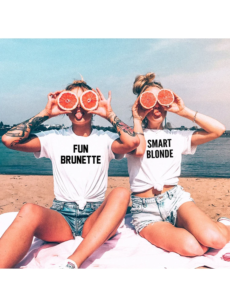 

Fun Brunette Smart Blonde Printed BBF Best Friends T Shirt Women Short Sleeve Loose Shirt Funny Graphic Tee Designer Summer Top