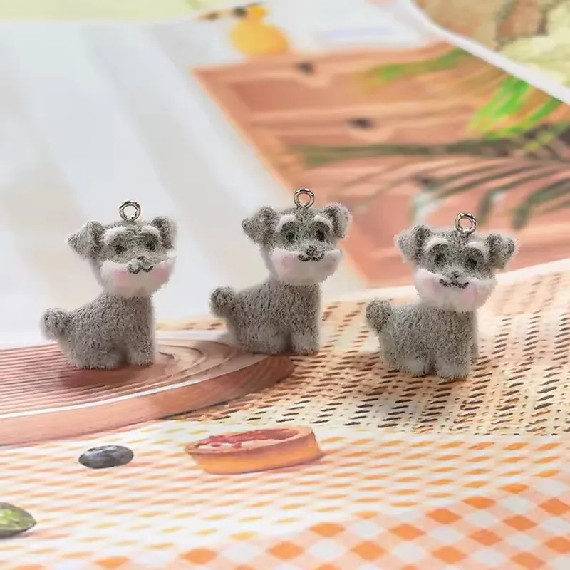 20pcs Cute Resin cartoon Dog Charms Flocking animal Schnauzer  puppy pendant for Phone chain keychain DIY Crafts Jewelry make