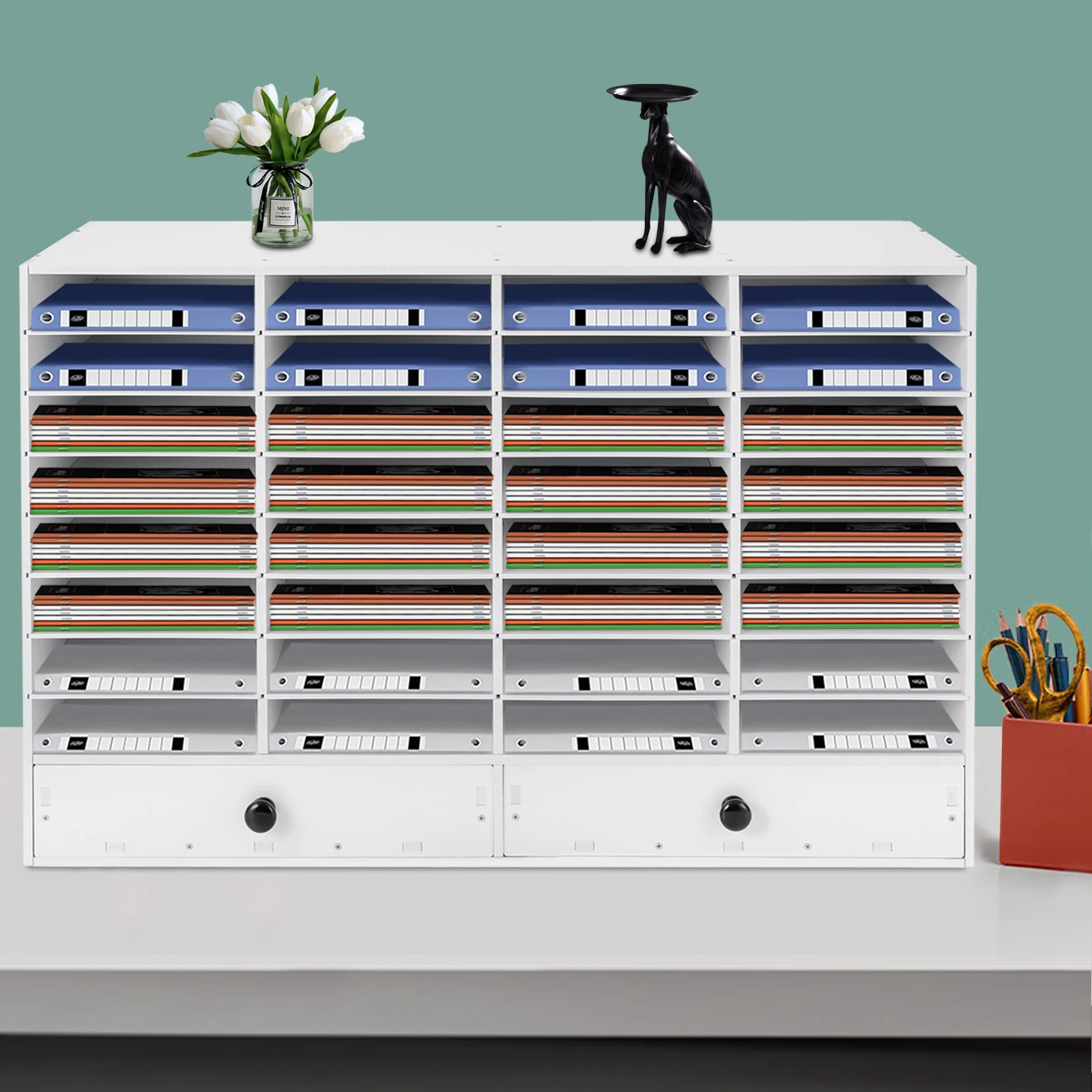 

Adjustable Literature Organizer 32 Compartment with 2 Drawers White Durable Removable Shelves Stackable Home, Office, Classroom
