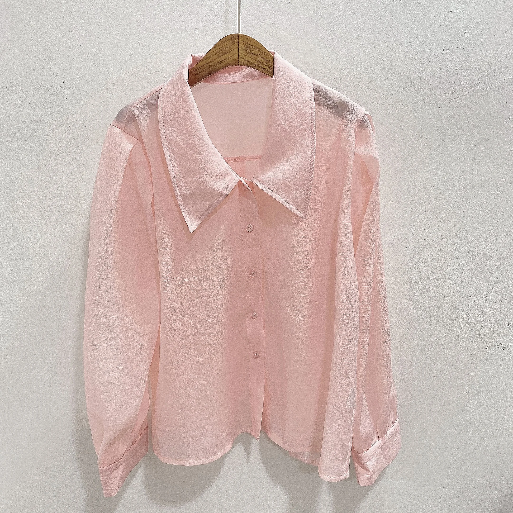 Clothland Women Sweet Transparent Organza Blouse Long Sleeve Pink Black Shorts Female Chic Casual Tops Blusa LA448