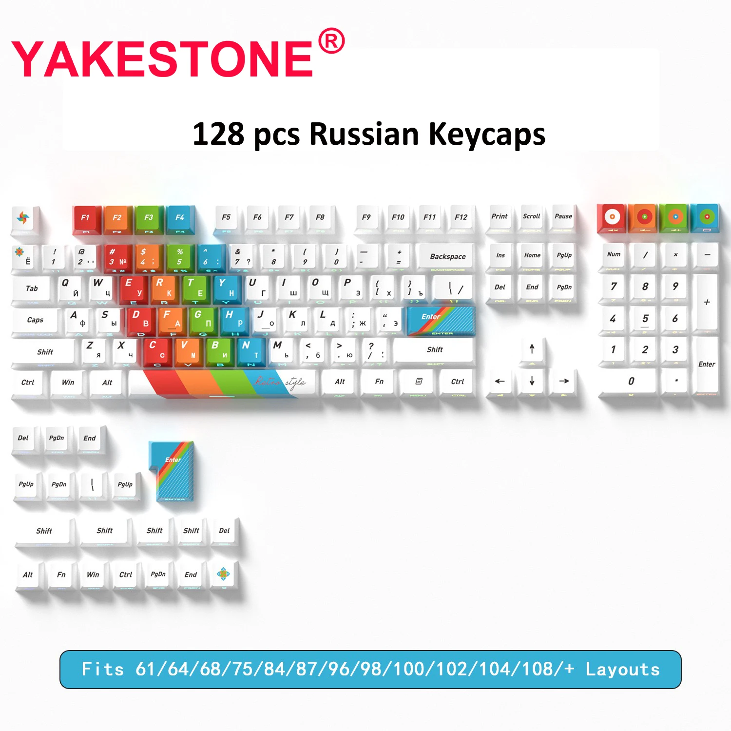 Russian English Arabic Language Print PBT Keys Cherry Height Retro Rainbow Keycaps for Mechanical Keyboard Replacement DIY