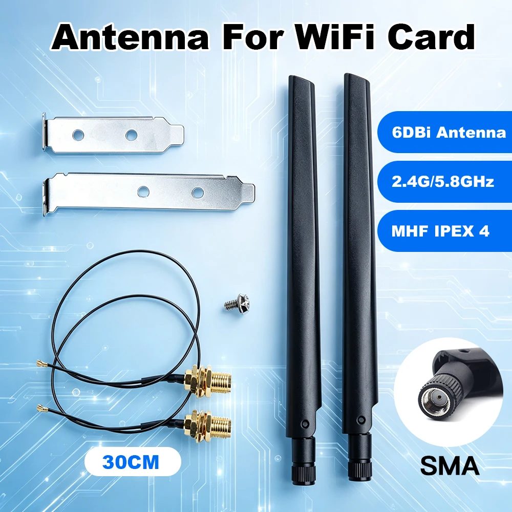 FENVI 2Pcs 6DBi Antenna Set Dual Band 2.4G/5GHz  SMA MHF4 Extension Cable Set For NGFF M.2 Wifi Card AX200 AX210 BE200