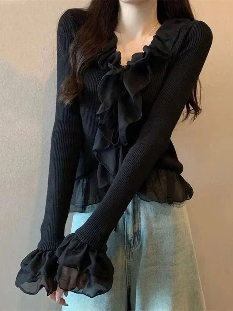 Frisse vintage literaire effen patchwork trui kant gebreid slank ondershirt Franse ruches flare mouw vetersluiting zoete mujer