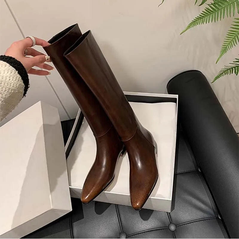 Brown Pointed Toe Long Boots Fashion Knee High Women Shoes 2026 New Slip on Thick Heels Zapatos Mujer