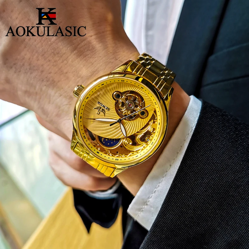 AOKULASIC Mann Mechanische Uhren Retro Mondphase Tourbillon Leuchtende Wasserdichte Uhren Luxus Edelstahl Band herren Uhr