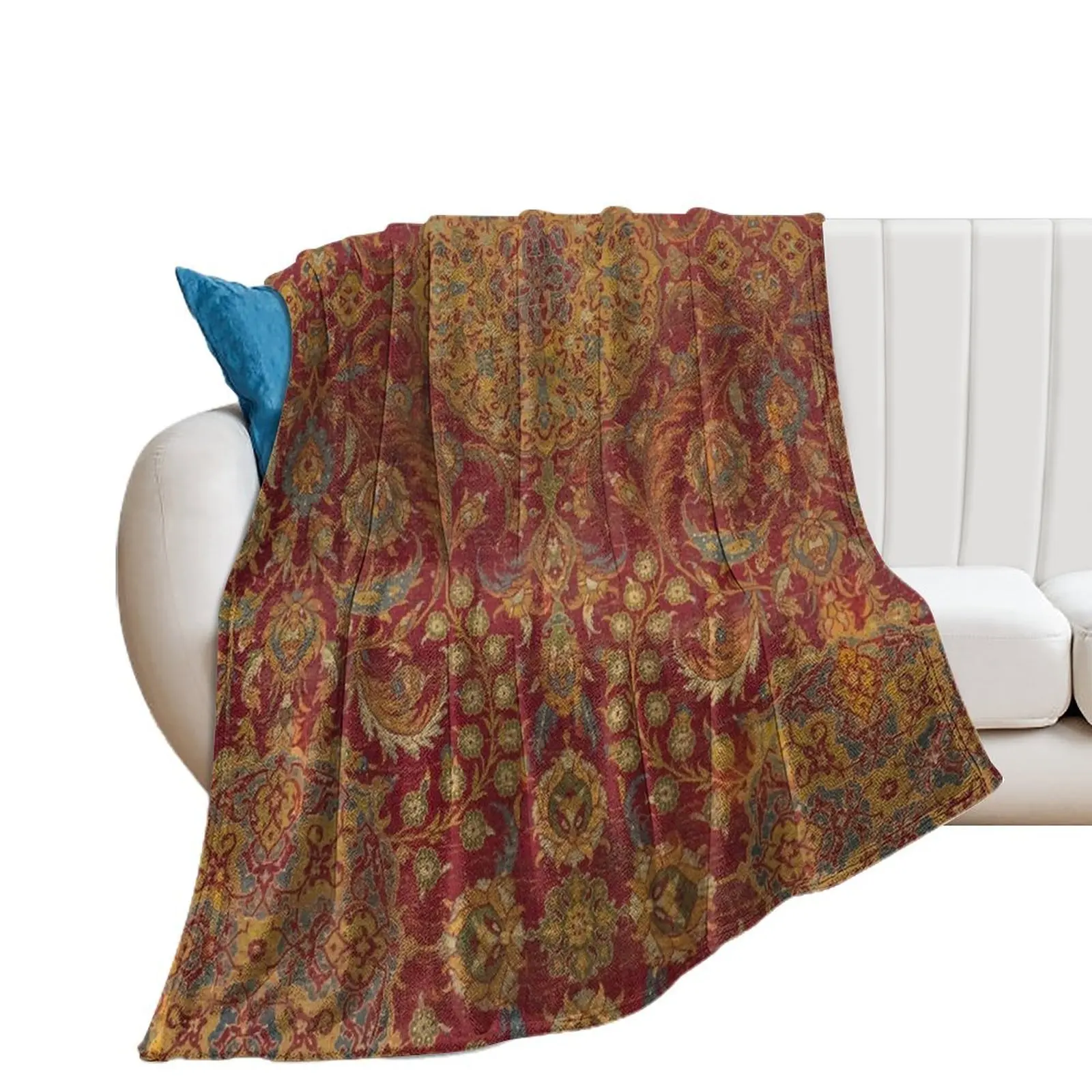 Boho Funky III // 16th Century Distressed Red Green Blue Flowery Colorful Ornate Rug Pattern Throw Blanket