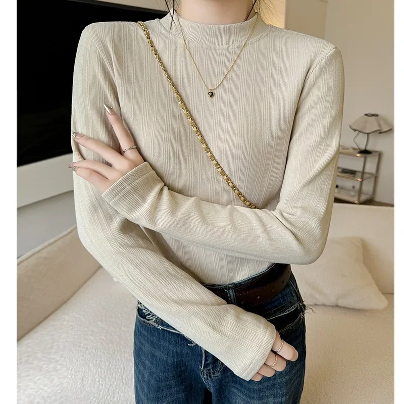 

Fashion Round Neck Women's Base Shirt Autumn and Winter New Slim Fit Long Sleeved T-shirt Korean Version Versatile Knitted Top