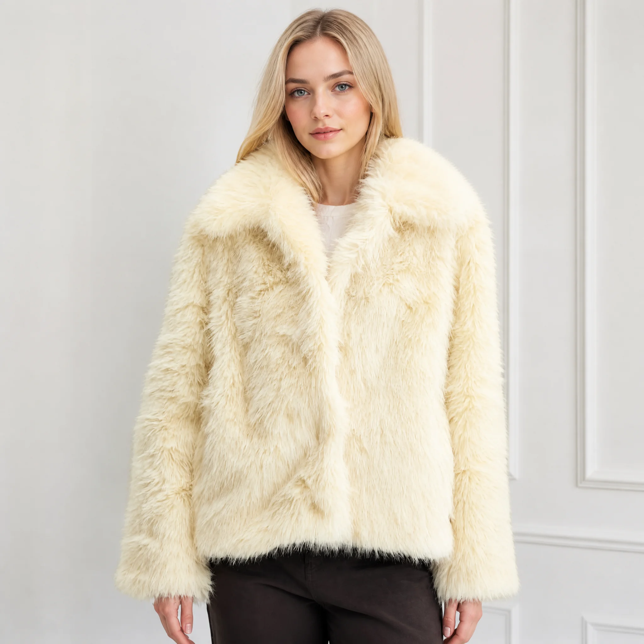 RU Women Wide Lapel Fluffy Shaggy Faux Fur Jacket 2026 Autumn Long Sleeve Plush Soft Warm Daily Vintage Outerwear Coat
