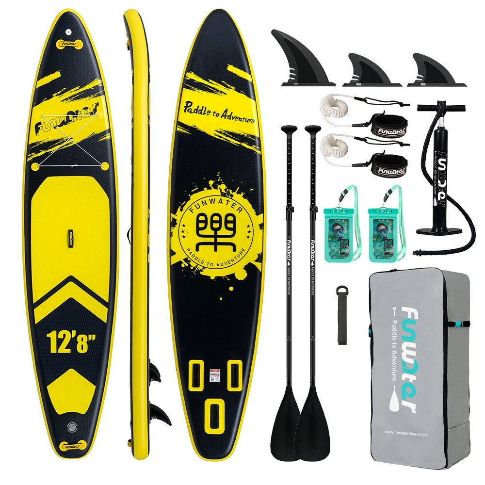 Funwater SUPFW39B Tandem-SUP, 385 x 85 x 15 cm, Tragfähigkeit ab 230 kg, schwarz-gelbes Design, aufblasbares Paddleboard für Paare, gemeinsame Bootstouren auf dem See, entspannte Ausflüge in ruhigen