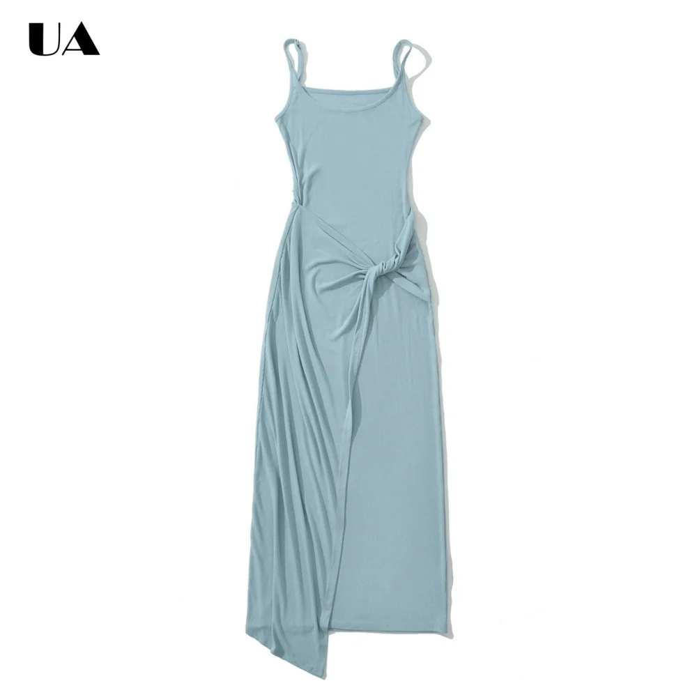

Fashionable Solid Spaghetti Strap Midi Dress, Trendy Round Neck Gathered Long Dresses for Women, Commuter Style Sleeveless Dress