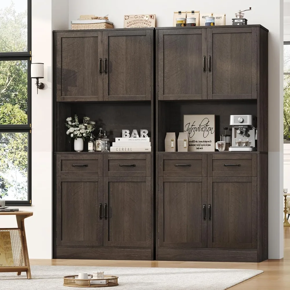 71“ Tall Kitchen Pantry Storage Cabinet, Modern Kitchen Hutch Bar Cabinet with Microwave Stand, Dark Brown, Kitchen Cabinets