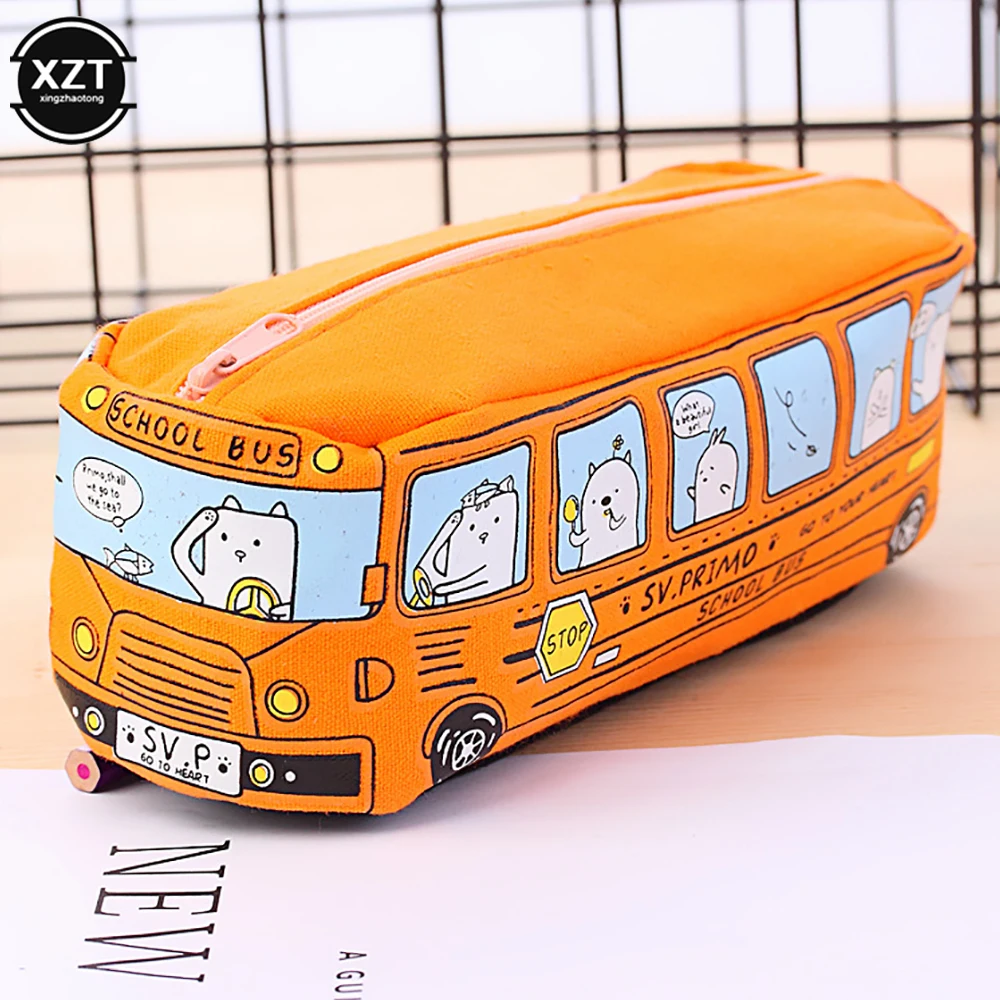 Cartoon Bus Pencil Bag Canvas Large Capacity Car Zipper Pen Pencilcase for Student Stationery School Supplies