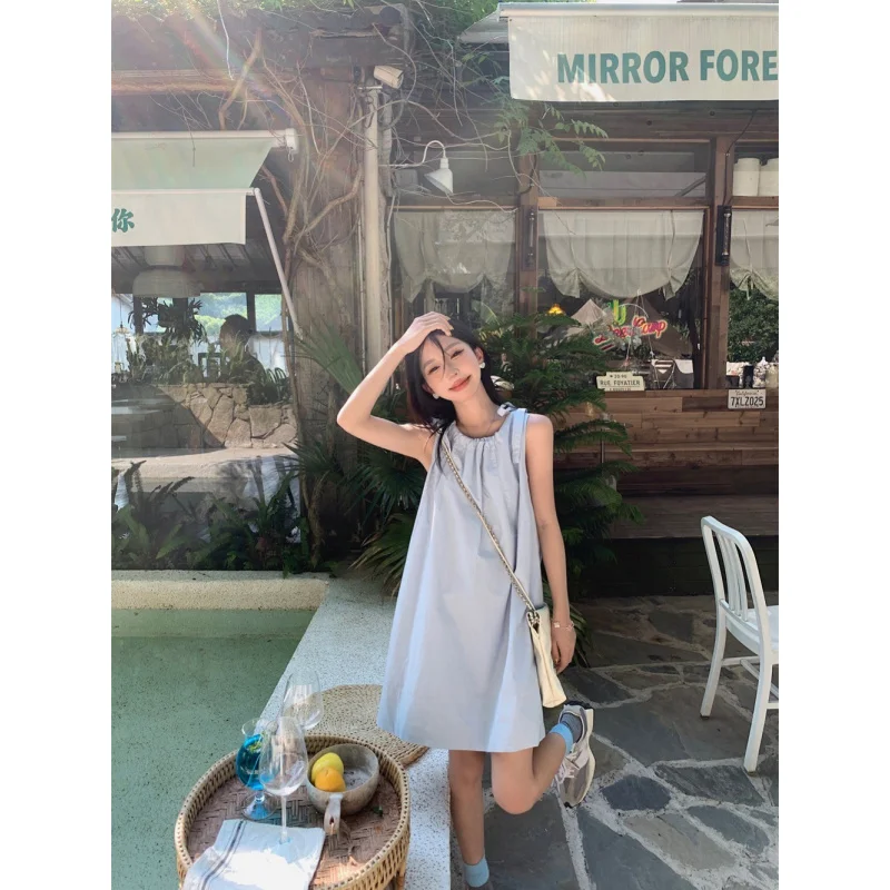 

French Sweet Blue Sleeveless Strap Dress Female 2025 New Summer Lace up Straight Short Skirt