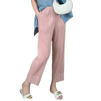 Miyake Pleated Straight Leg Pants, Women's Elastic Waist Cropped Pants, Casual and Versatile Small Leg Pants - Image 3