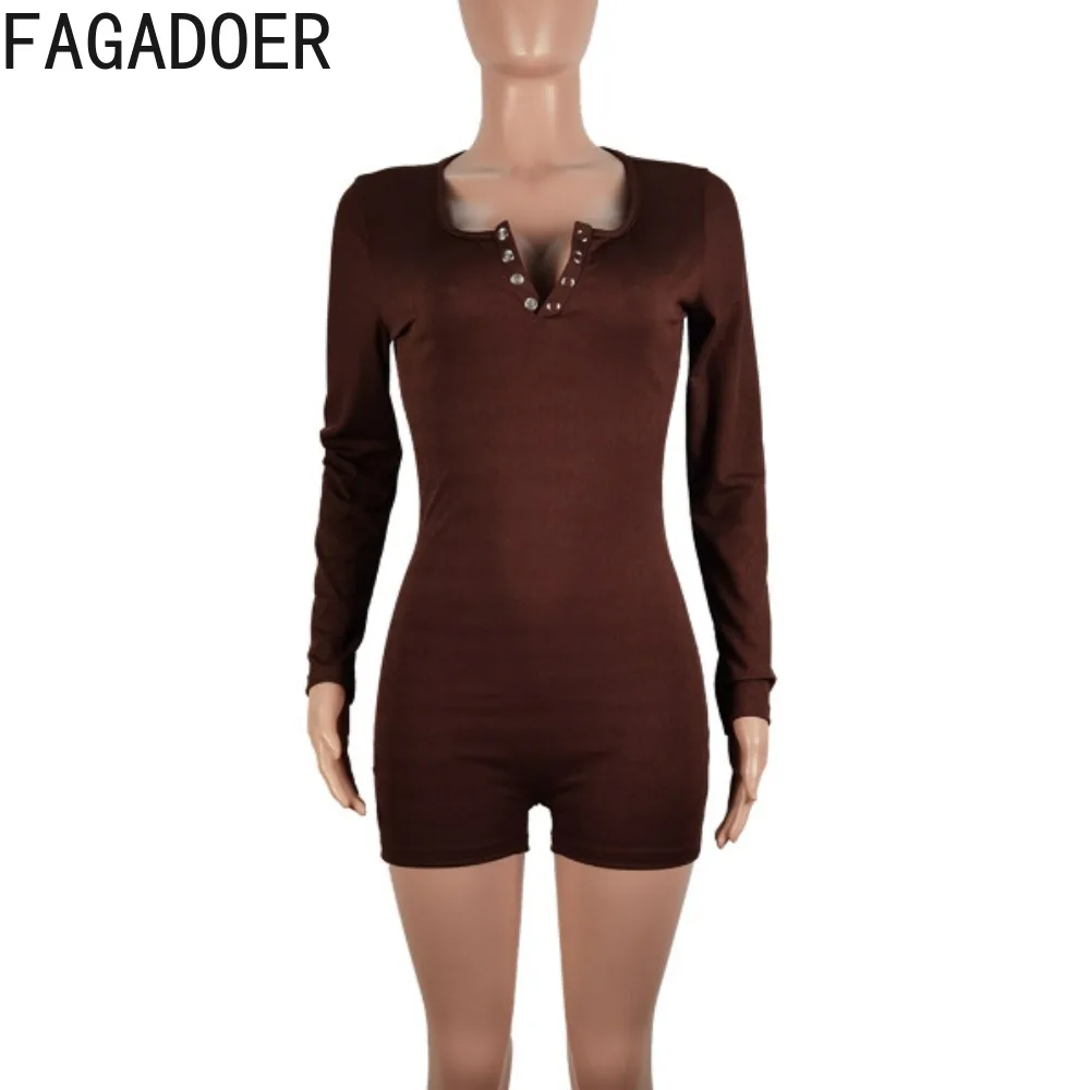 FAGADOER Brown Rib Autumn Winter New One Pieces Bodycon Rompers Women Long Sleeves Buttons Skinny Sport Streetwear Jumpsuits