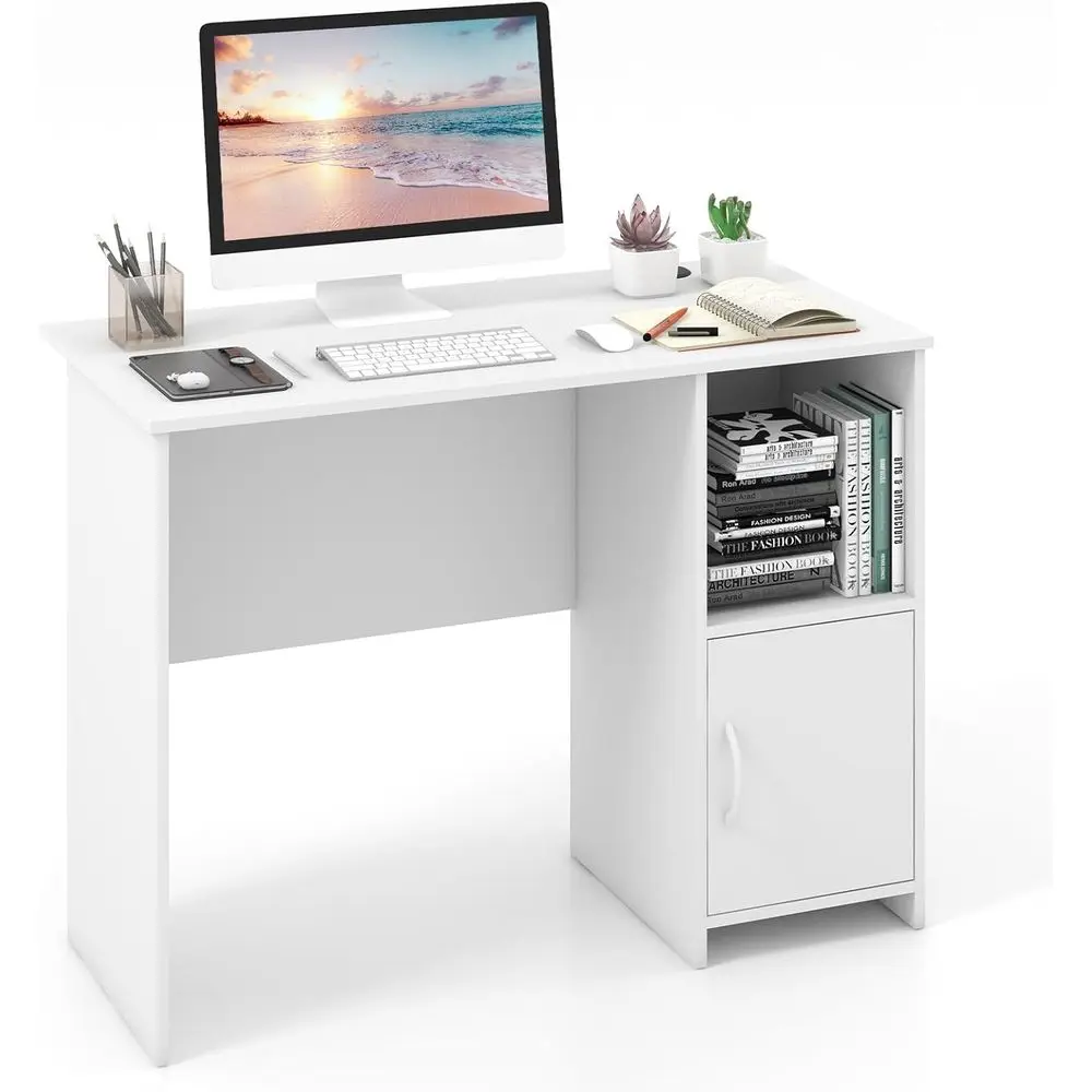 

Компактный белый стол 42 дюйма с открытыми полками и тумбой, идеально подходит для домашнего офиса, компьютерной рабочей станции и организации кабельных линий