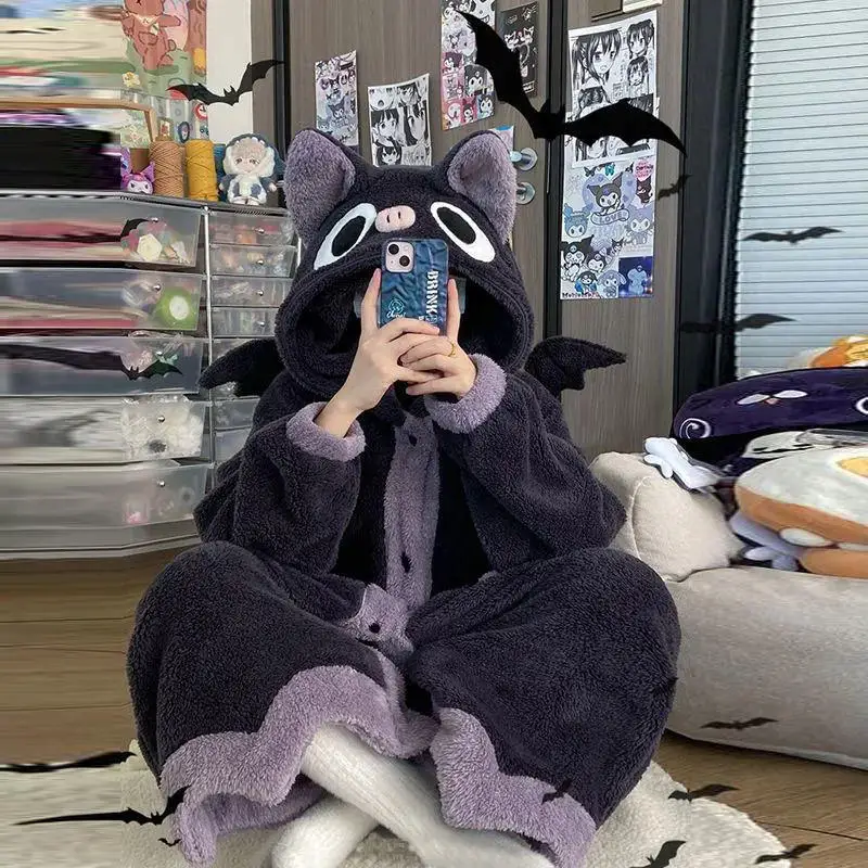 Cute Cartoon Sleepwear Women Flannel Robe Panda Bat Dinosaur Cosplay Kimono Bathrobe Soft Nightgown Loose Nightwear Home Clothes