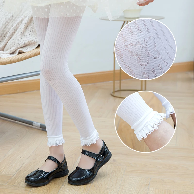 Velvet Nine Points Pants For Summer Lovely Girls Hollow Butterfly Lace Fringe Decor Light Cool Fabric Comfort Stretch Leggings
