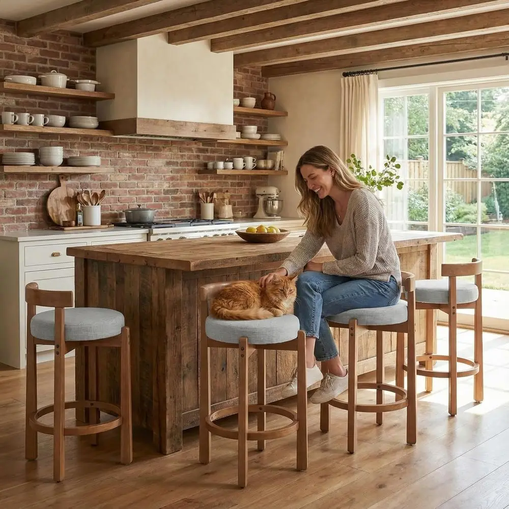 

Set of 4 Upholstered 26.5 Seat Height Low Back Kitchen Bar Stools with Natural Wood Legs, Light Grey for Dining or Pub Island