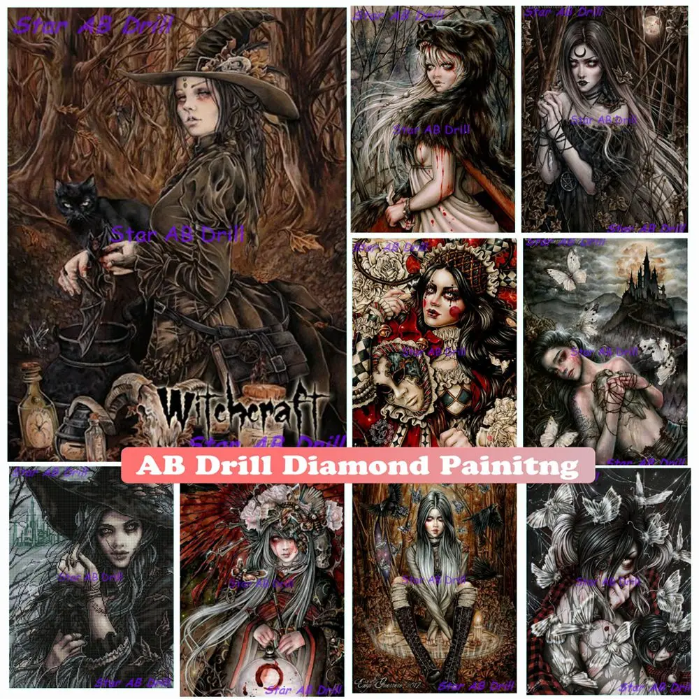 

Witch Bear Vampire Girl Diamond Painting Gothic Fantasy Art 5d Diy AB Drill Mosaic Embroidery Cross Stitch Kits Goth Room Decor