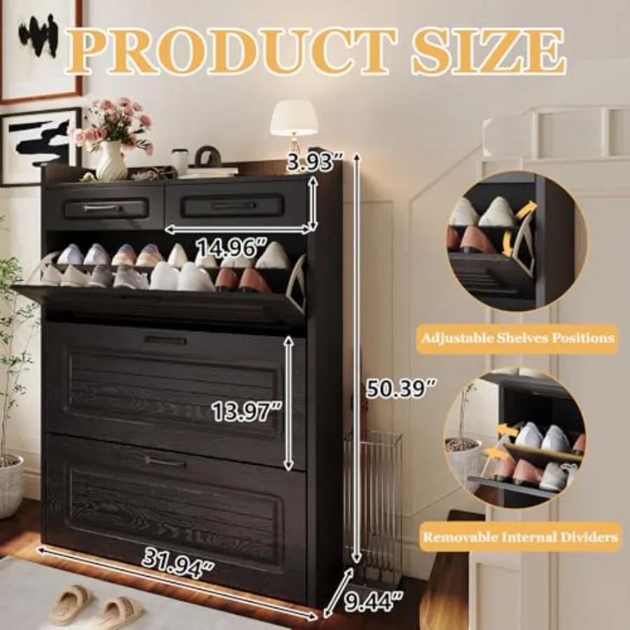 Shoe Cabinet with 2 Storage Drawers, Adjustable Divider, Hidden Shoe Storage for Entryway/Hallway/Living Room, Black Wood