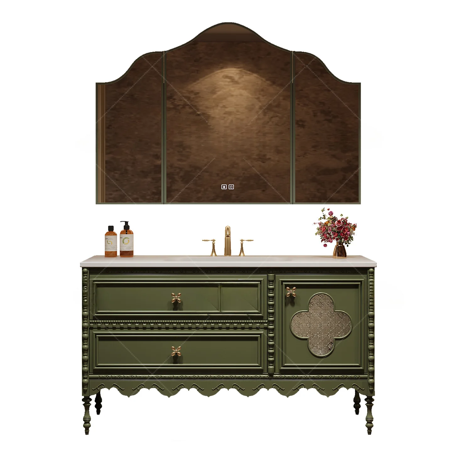 

Oak light luxury French retro bathroom cabinet combination rock slab hot bending integrated washbasin hand basin floor-toceiling