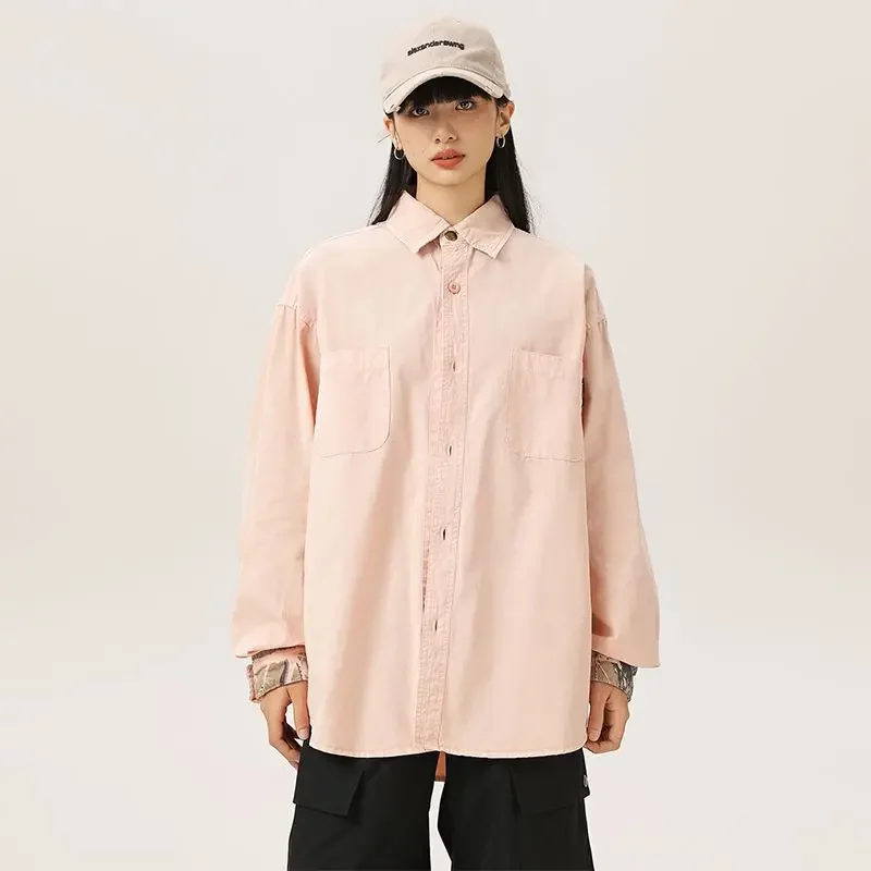 Men Loose Casual Long Sleeve Oversize Pure Cotton Cargo Shirts Women Streetwear Cityboy Campus Boys Girls Shirt Blouse