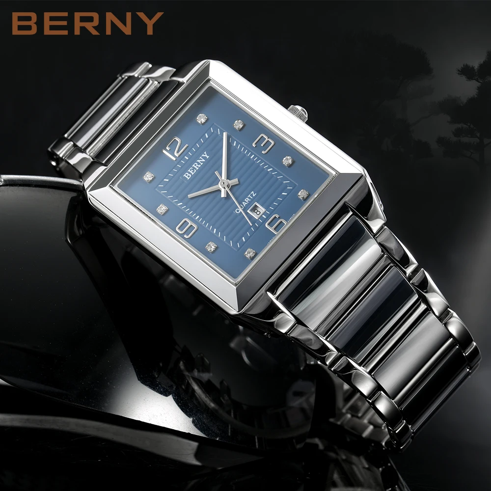 Relojes BERNY Tank para hombre, calendario cuadrado, reloj de pulsera de cuarzo de acero inoxidable, vestido impermeable de zafiro, reloj de pareja de negocios