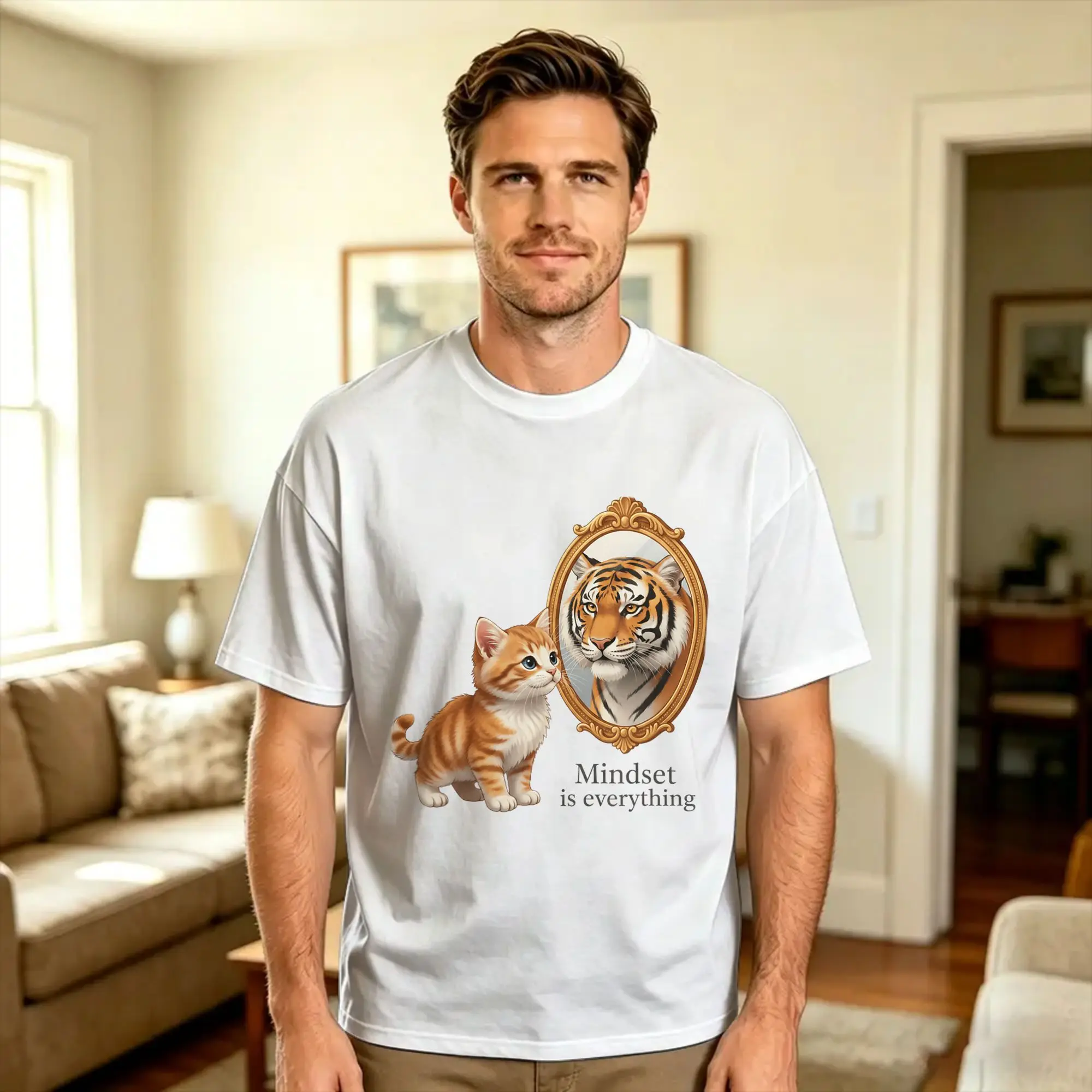 Mindset is Everything Inspirational Tiger Cat T-Shirt Summer  Cotton T-Shirts For Couple Pattern Tshirt Short-Sleeve Clothes