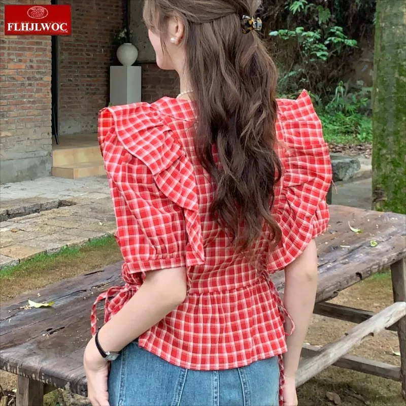 Blusas femininas com cadarço, blusas fofas para férias, data, meninas, retrô, verão, manga curta, babados, peplum, camisas xadrez vermelhas, 2025